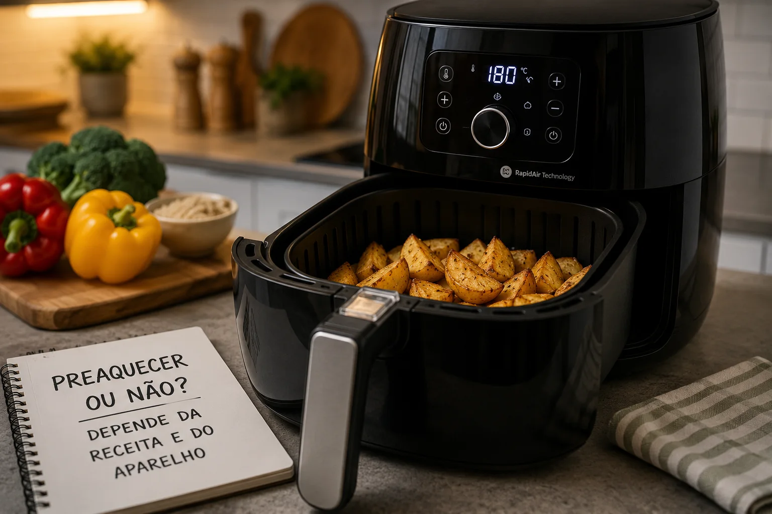 Air fryer preta aberta com batatas assadas na cesta e painel digital marcando 180 °C sobre bancada de cozinha