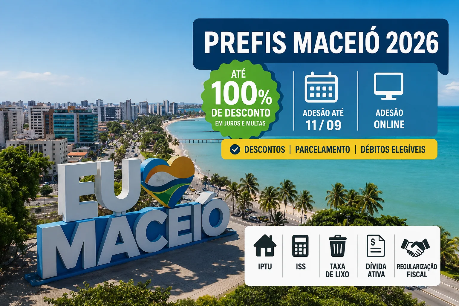 Vista aérea da orla de Maceió com letreiro da cidade e painéis gráficos sobre o Prefis 2026