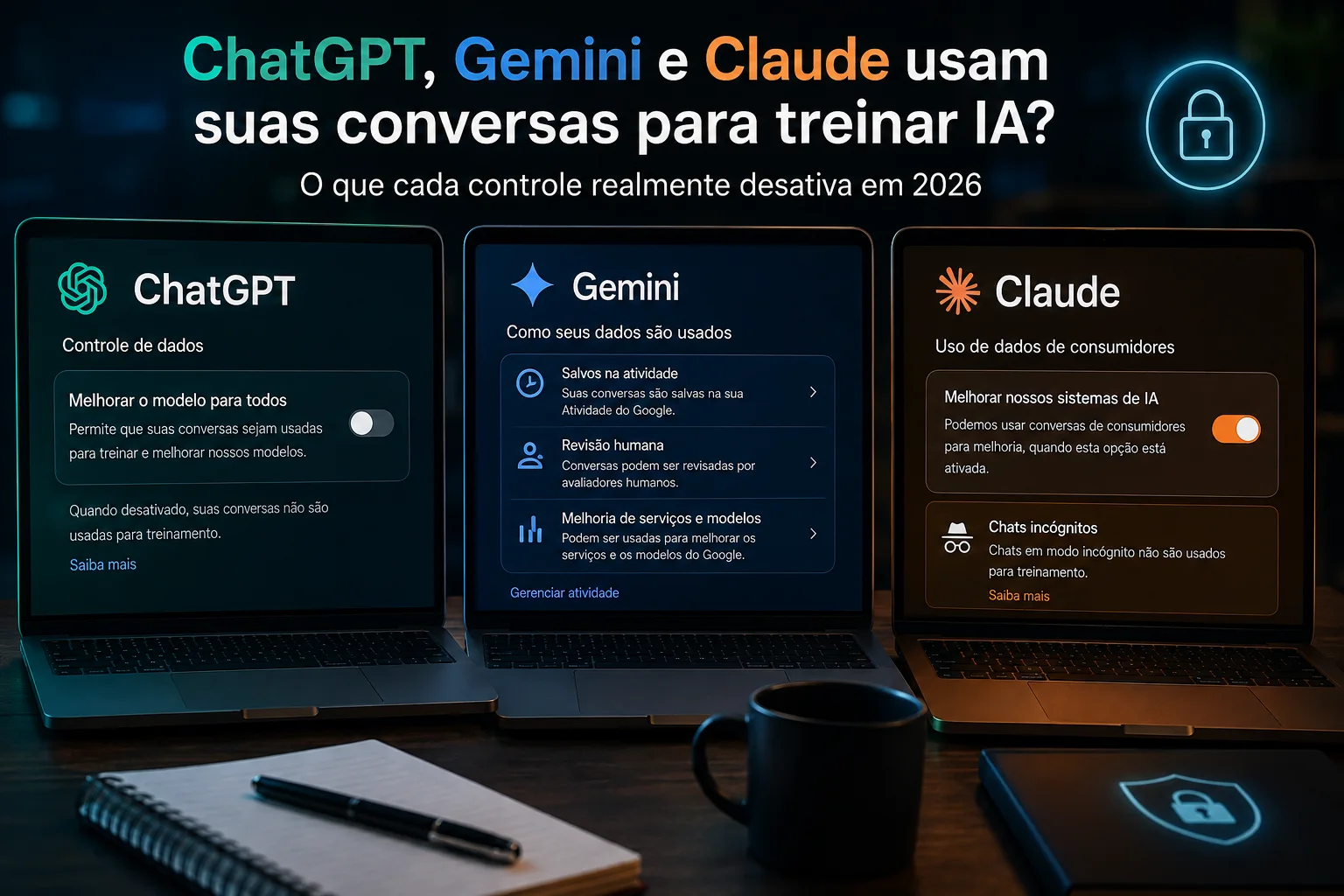 Três laptops exibem controles de dados do ChatGPT, Gemini e Claude ao lado de um cadeado luminoso sobre uma mesa