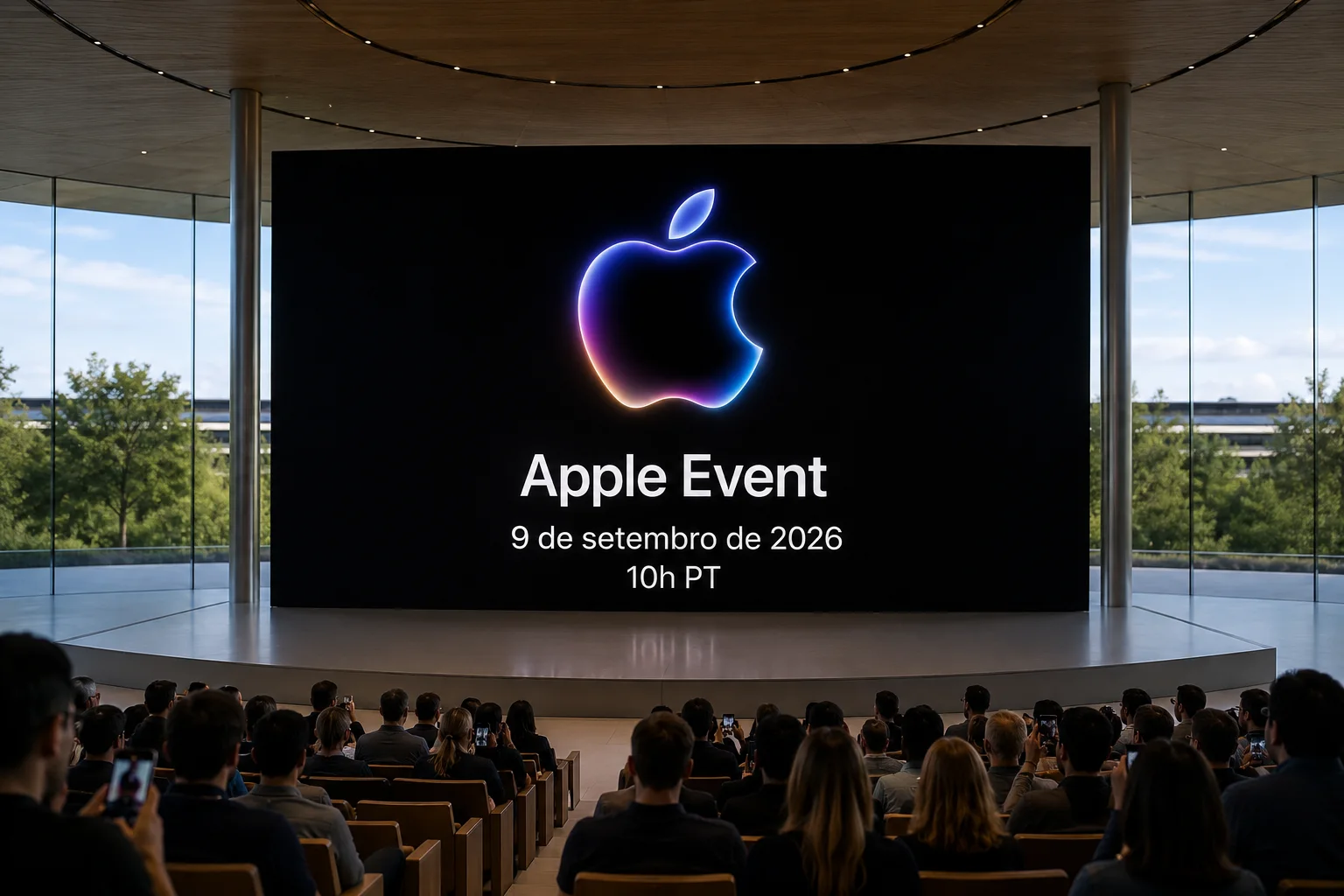 Auditório moderno com público diante de telão exibindo o logotipo da Apple e informações do Apple Event