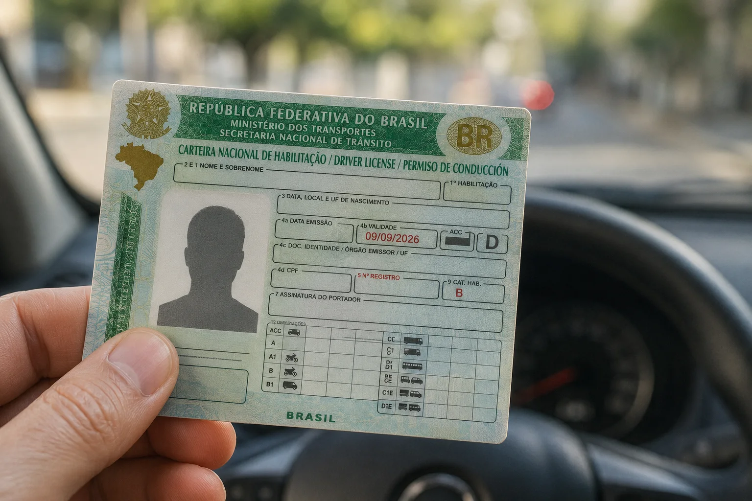 Mão segura uma CNH com validade 09/09/2026 diante do volante de um carro
